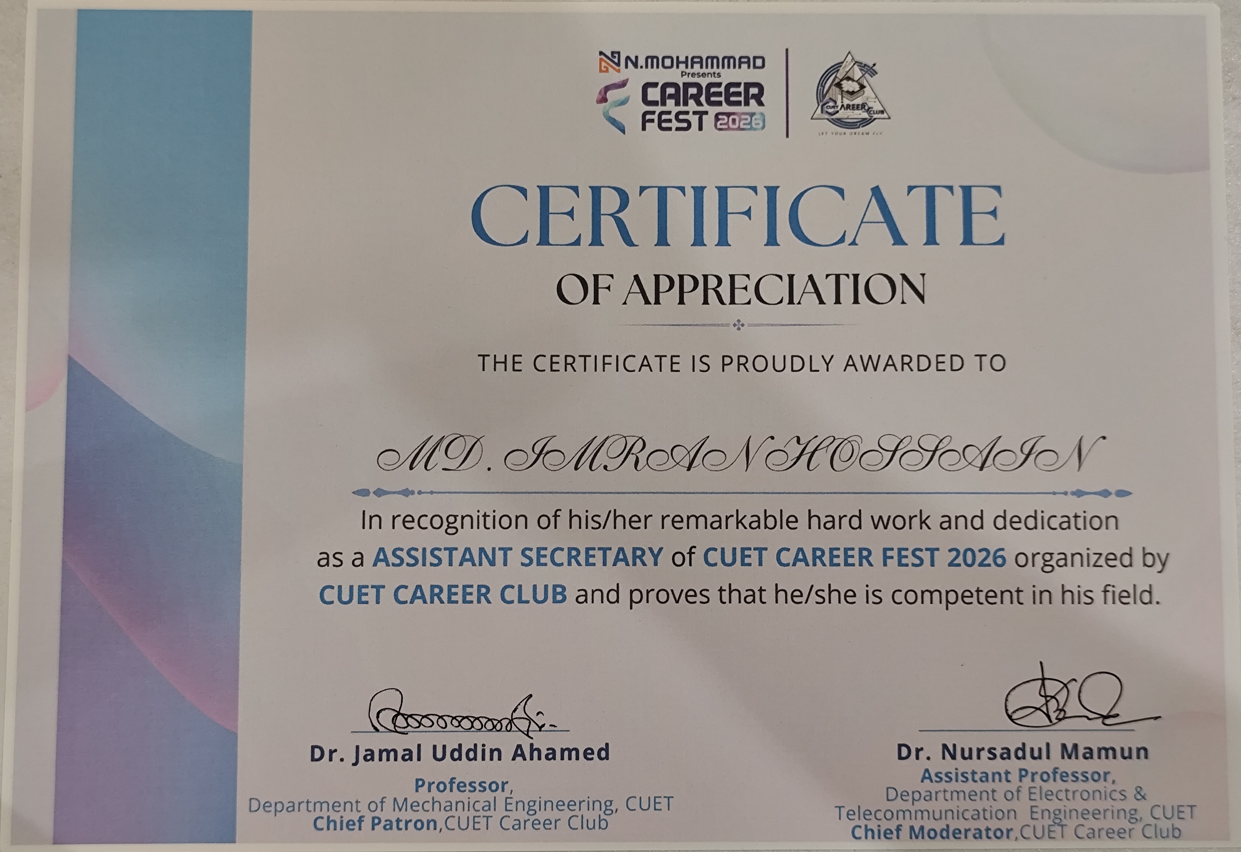Assistant Secretary certificate — CUET Career Fest 2026